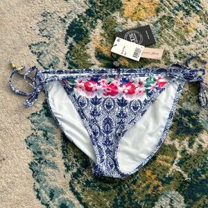 NEW Nanette Lepore women’s swim bikini bottom blue white damask floral tie sides